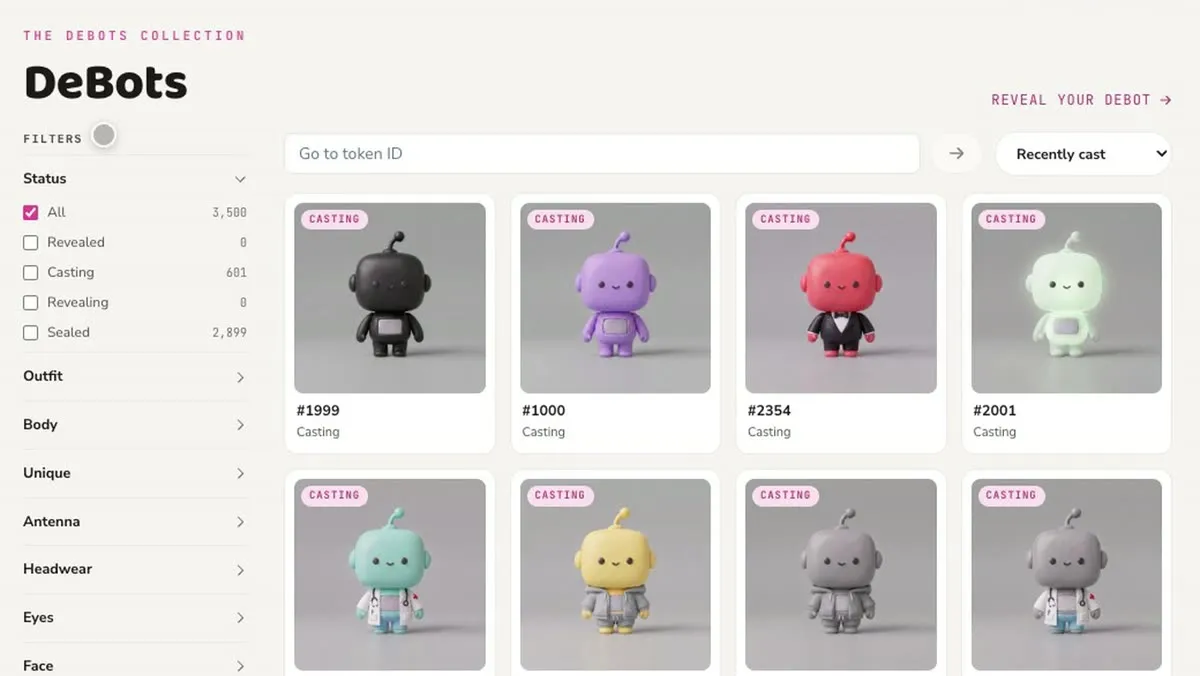 Opening DeBot #1999 from the collection grid shows its detail page. Stepping to #2000 shows a sealed DeBot, then The collection link returns to the grid.