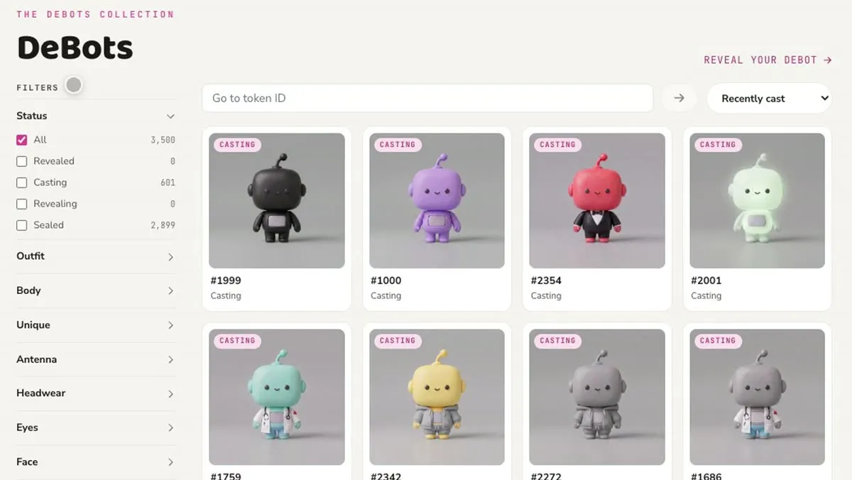 In the DeBots collection, ticking the Sealed status filter swaps the grid to sealed capsules; ticking All brings the cast DeBots back.