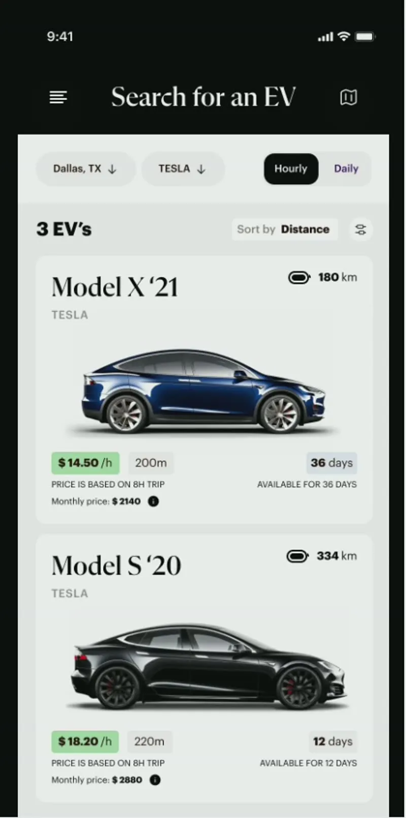 On the Search for an EV screen, switching the Hourly/Daily toggle changes each car's price from an hourly rate to a daily rate and back.