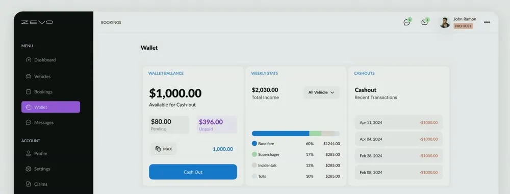 On the owner wallet, the camera moves in on the Wallet Balance, Weekly Stats and Cashouts cards, showing available, pending and unpaid amounts kept apart, then pulls back out.
